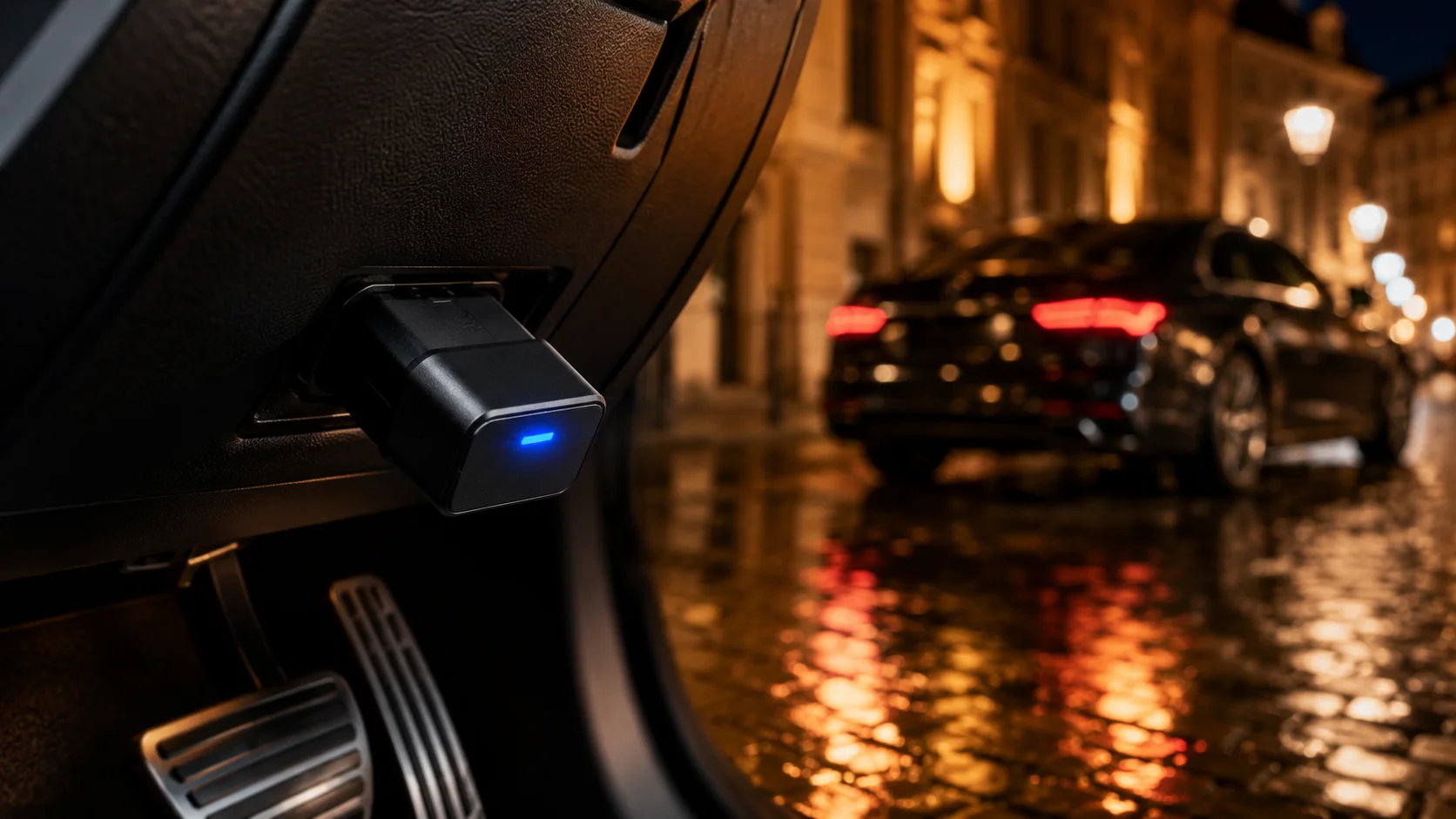 GPS tracking device plugged into a car dashboard port, urban night setting with amber streetlights